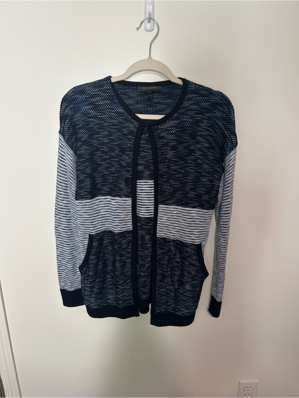 St. John Striped Clip Front Blue Cardigan Wool/Cashmere Size P/Small